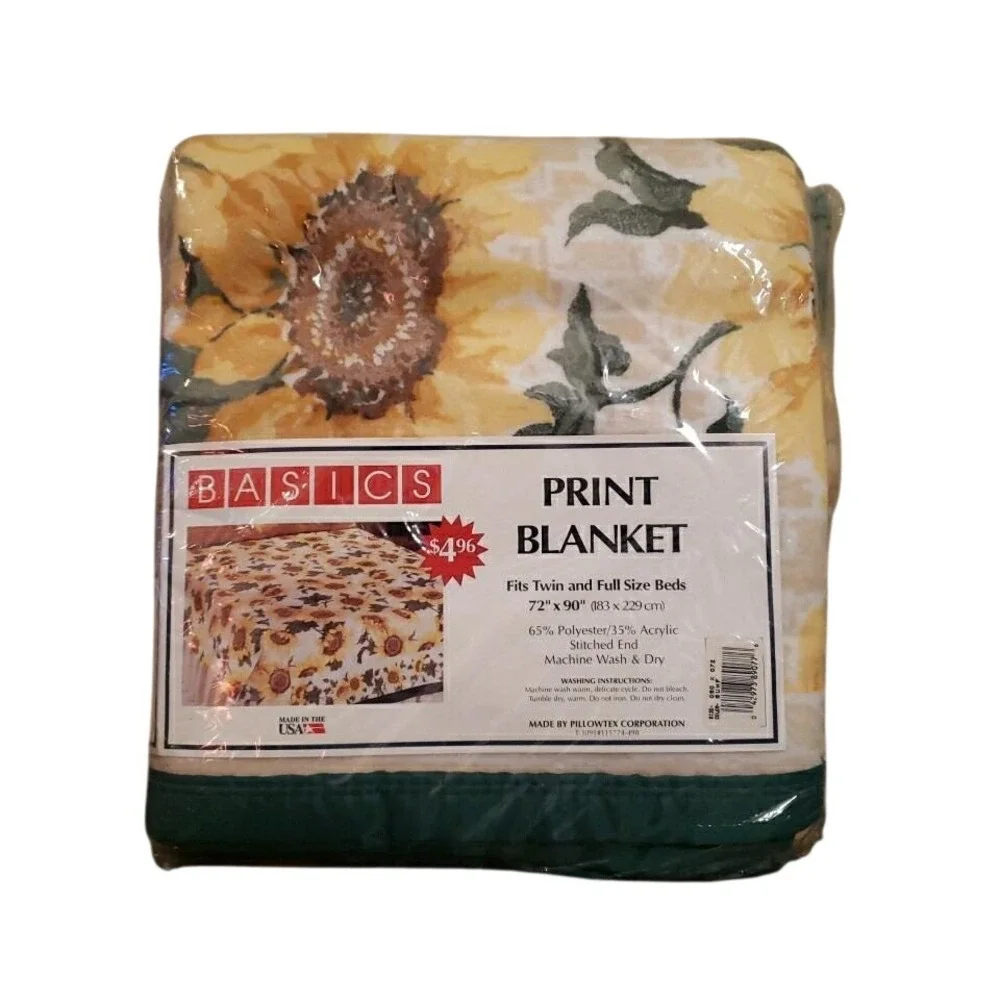 Vintage Basics Sunflower Print Blanket Pillowtex Twin Full 72x90 Made in USA NEW